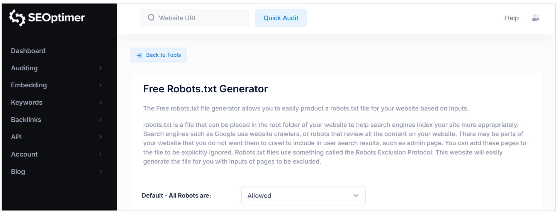 Generatore di robots.txt SEOptimer